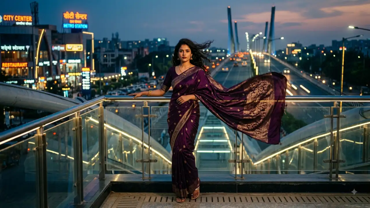 Purple Saree City Lights