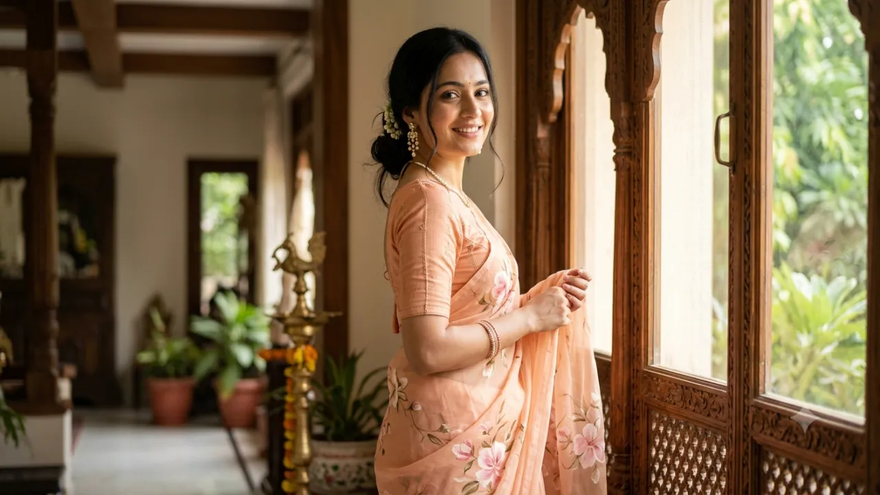 Peach Chiffon Saree Portrait Image