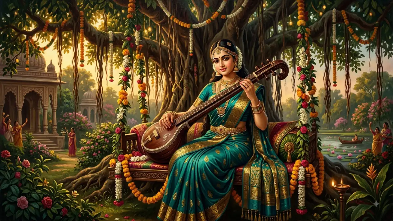 Teal Saree Veena Painting