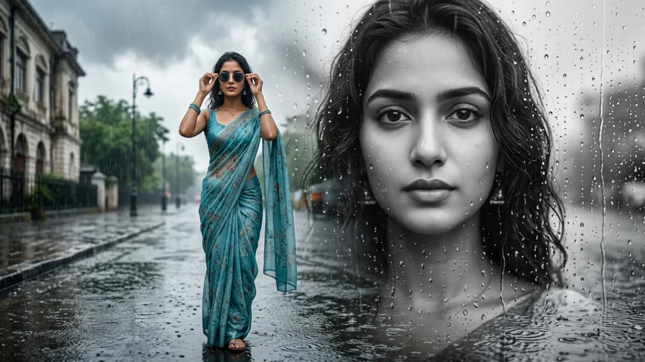 Teal Saree Monsoon Portrait