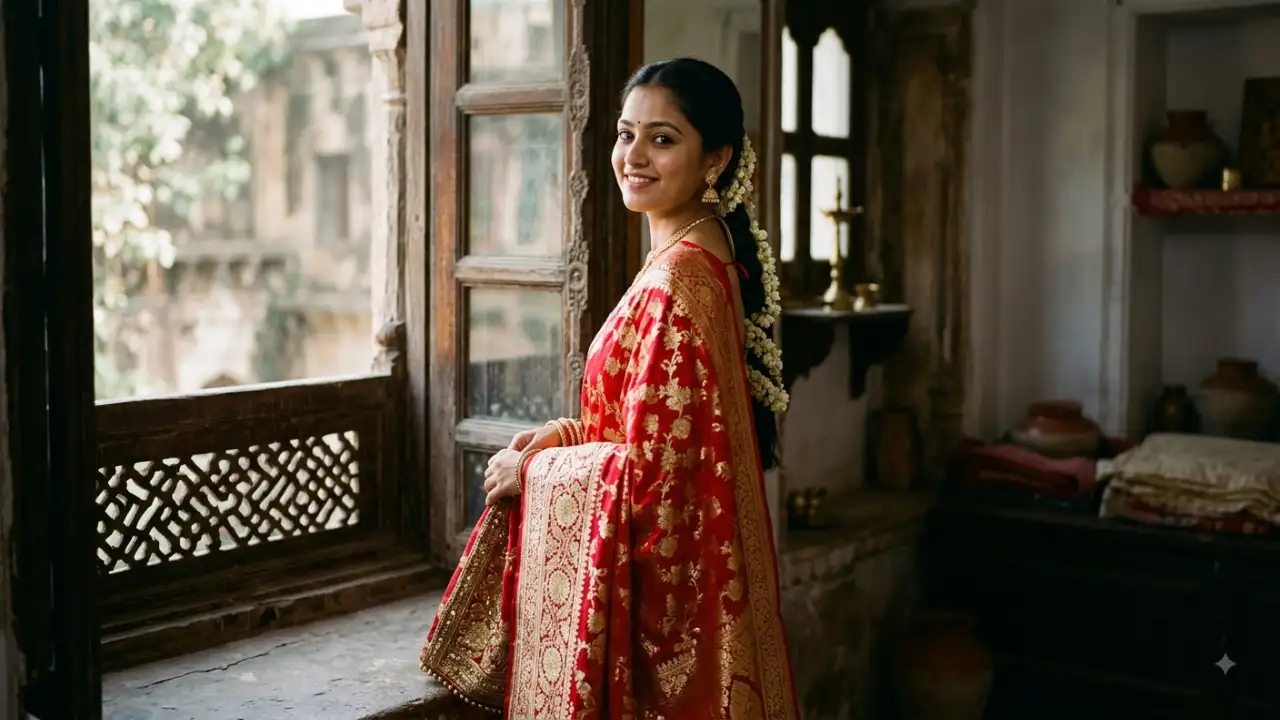 Red Banarasi Saree Traditional Image