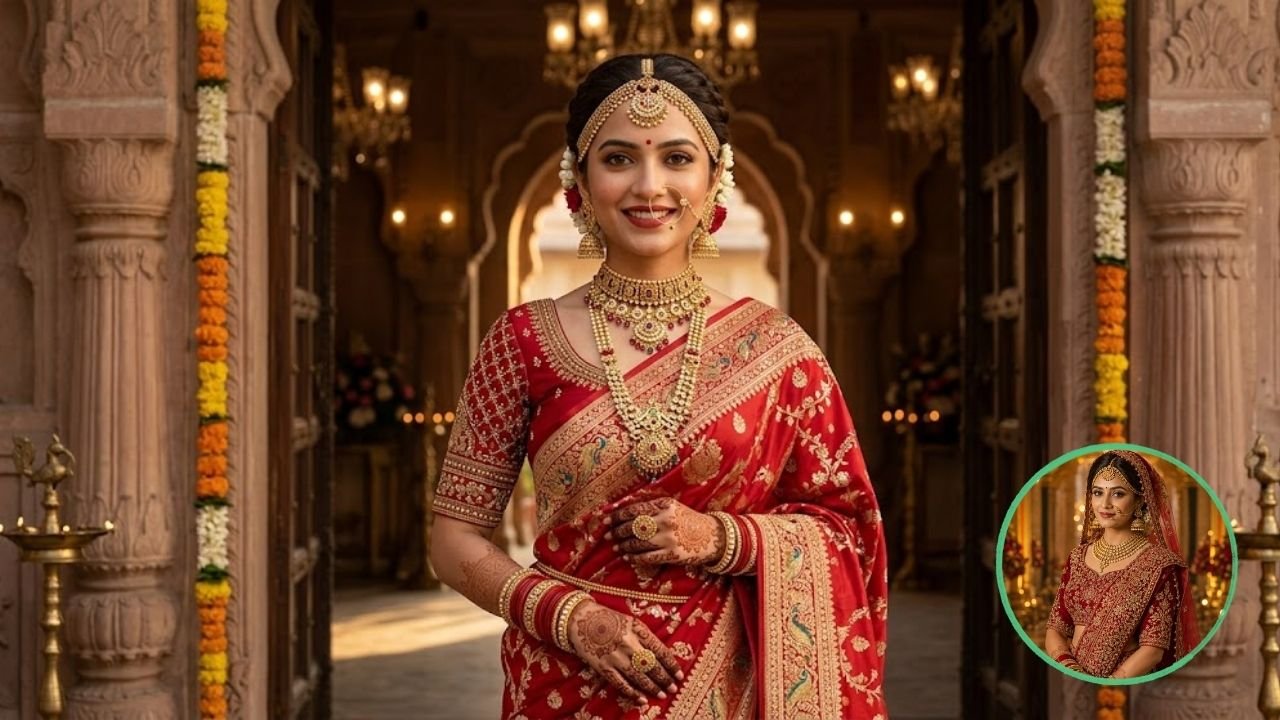 2. Red Bridal Saree Look Image of Indian Woman